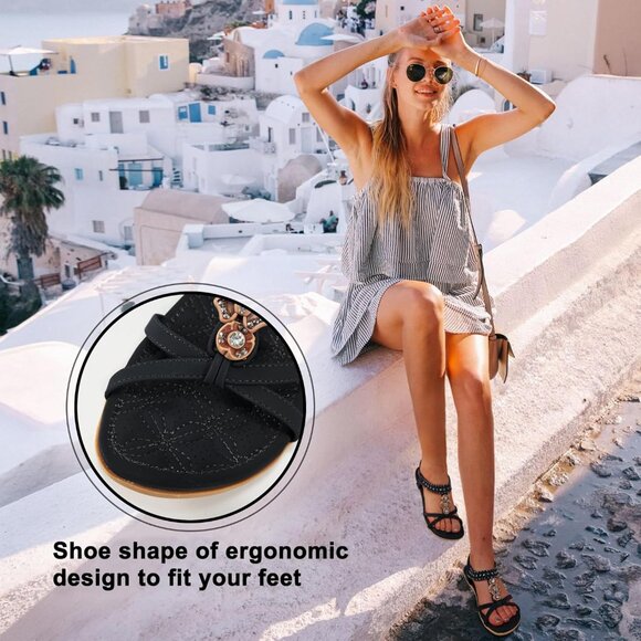 Womens Black PU Leather Casual Beach Summer Jeweled Bohemian Flats Sandals - Picture 5 of 5